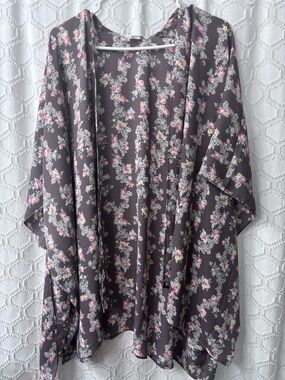 Floral Kimono Cover-Up in Charcoal with Pink Accents